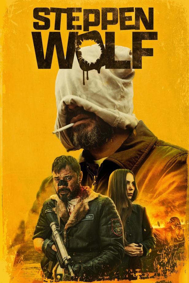 Das Filmplakat für „Steppenwolf“ zeigt bewaffnete und blutverschmierte Charaktere vor einem gelben Hintergrund.