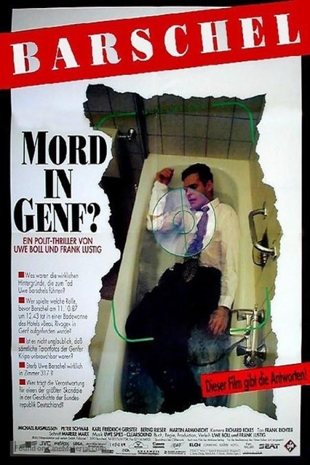 Das Filmplakat zu „Barschel – Mord in Genf?“ zeigt einen Mann leblos in einer Badewanne liegend.