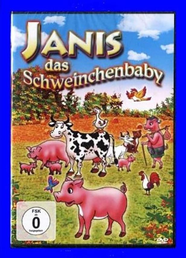 Das Cover der DVD „Janis das Schweinchenbaby“ mit einer Kuh, Schweinen und anderem Getier.