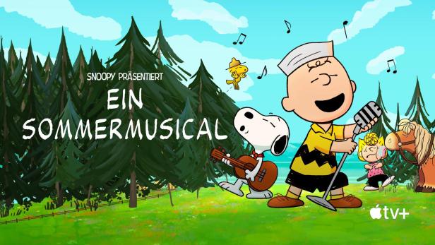 Szene aus „Snoopy präsentiert: Ein Sommermusical“ mit Charlie Brown, Snoopy und anderen Peanuts-Charakteren.