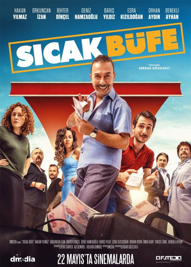 Das Filmplakat für „Sıcak Büfe“ zeigt die Hauptdarsteller und Geldscheine, die aus einer Tasche fallen.