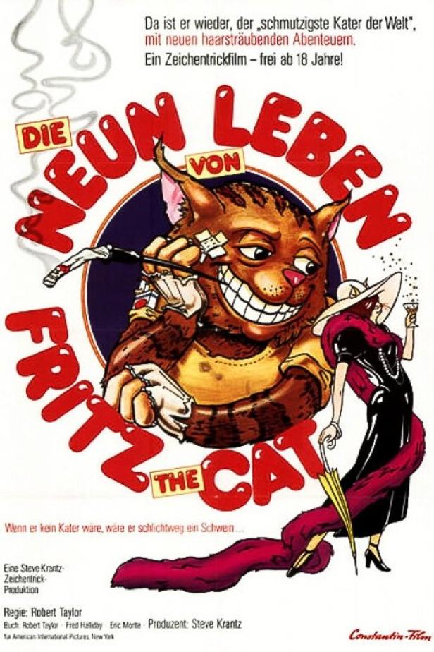 Das Filmplakat für „Die neun Leben von Fritz the Cat“ zeigt eine anthropomorphe Katze mit Zigarre und eine Frau mit Cocktail.