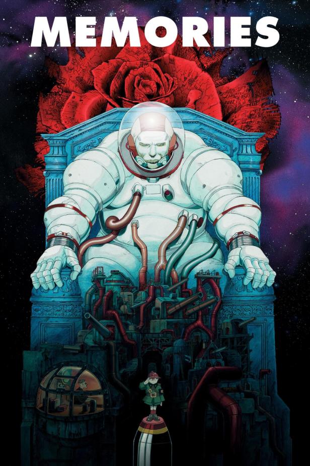 Ein Astronaut sitzt auf einem Thron vor einer roten Rose und einem Sternenhimmel.