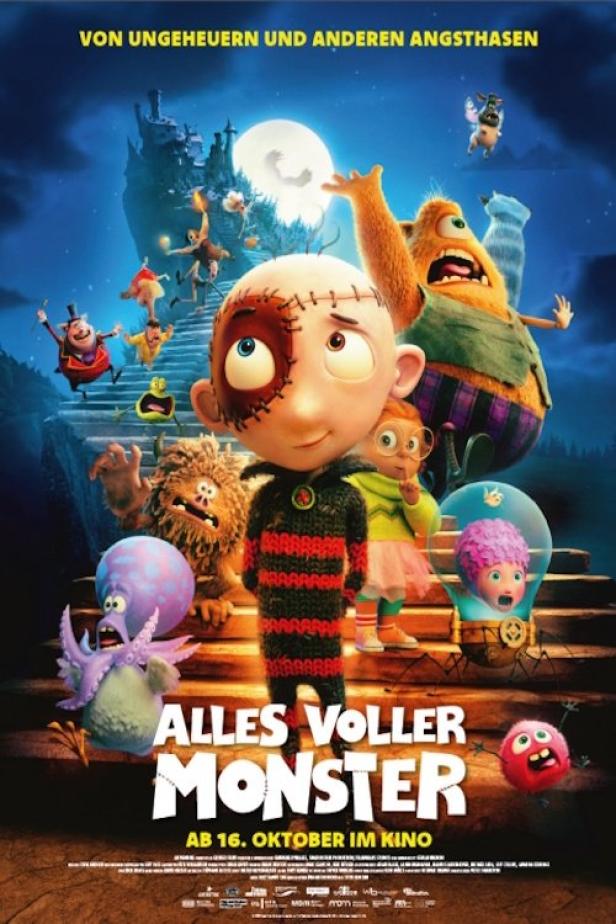 Das Filmplakat für „Alles voller Monster“ zeigt eine Gruppe animierter Monster vor einem Schloss.