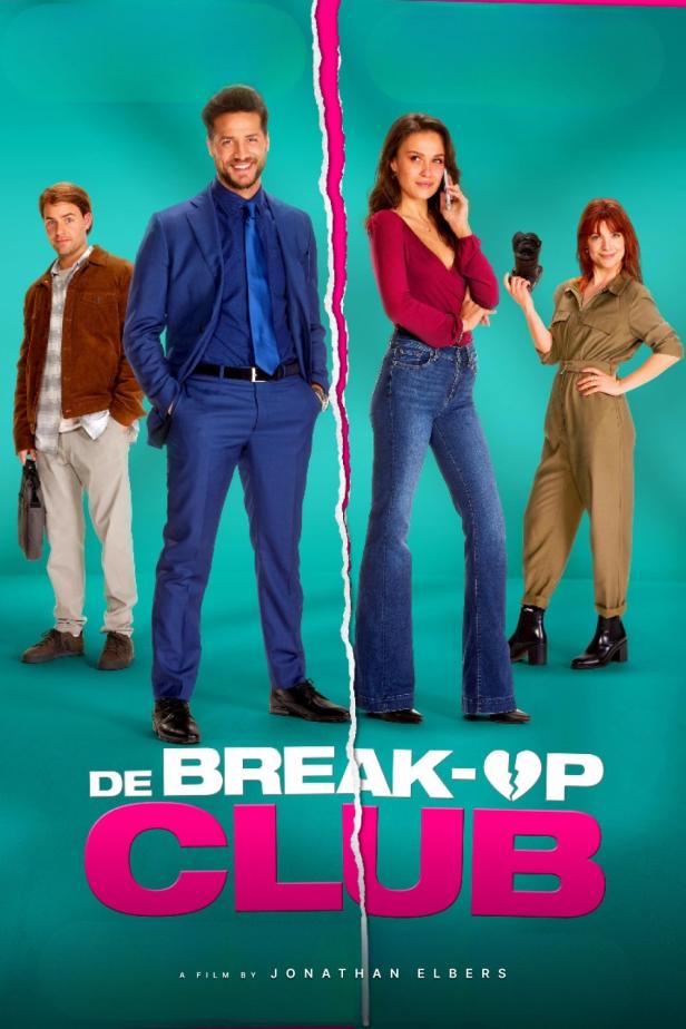 Das Filmplakat für „De Break-Up Club“ zeigt vier Personen vor einem zerrissenen Hintergrund.