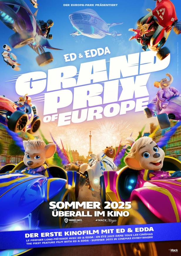 Das Filmplakat für „Ed & Edda – Grand Prix of Europe“ zeigt animierte Figuren in Rennwagen vor der Skyline von Paris.