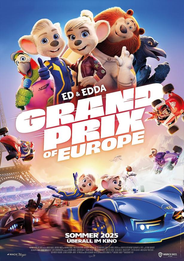 Das Filmplakat für „Ed & Edda – Grand Prix of Europe“ zeigt animierte Tiere in Rennwagen vor dem Eiffelturm.