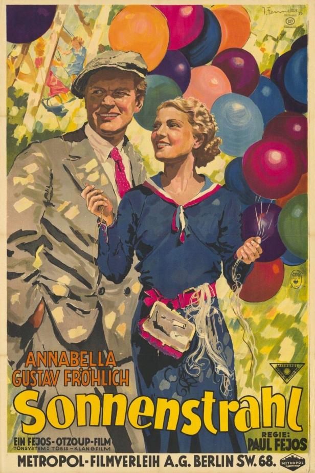 Das Filmplakat zu „Sonnenstrahl“ zeigt Annabella und Gustav Fröhlich mit bunten Ballons.
