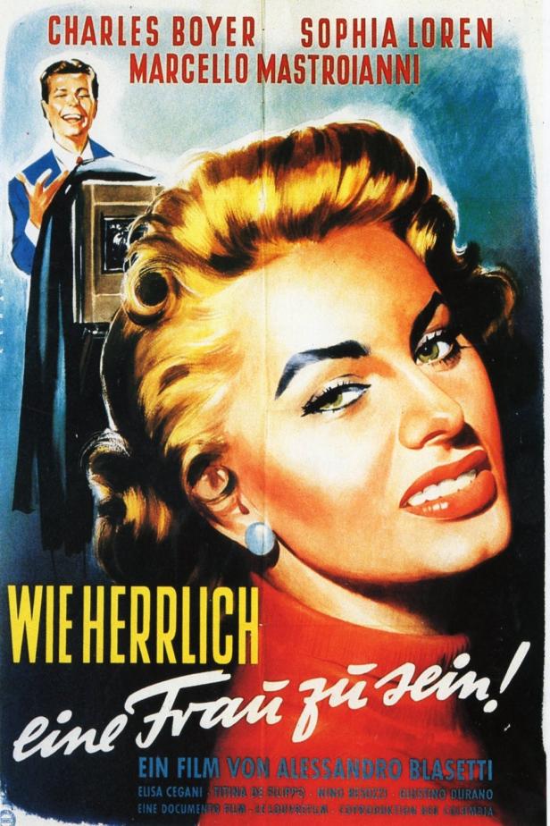 Das Filmplakat für „Wie herrlich, eine Frau zu sein!“ mit Sophia Loren, Charles Boyer und Marcello Mastroianni.