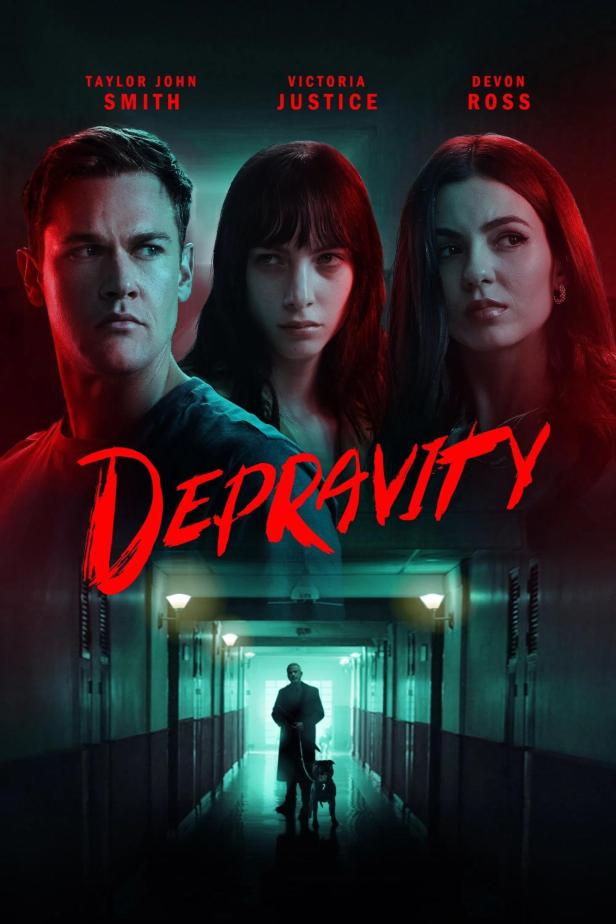 Das Filmplakat für „Depravity“ zeigt Taylor John Smith, Victoria Justice und Devon Ross.