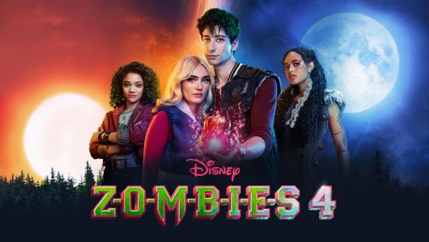 Das Filmplakat für „Zombies 4“ zeigt vier junge Darsteller vor einem roten und blauen Himmel mit zwei Monden.