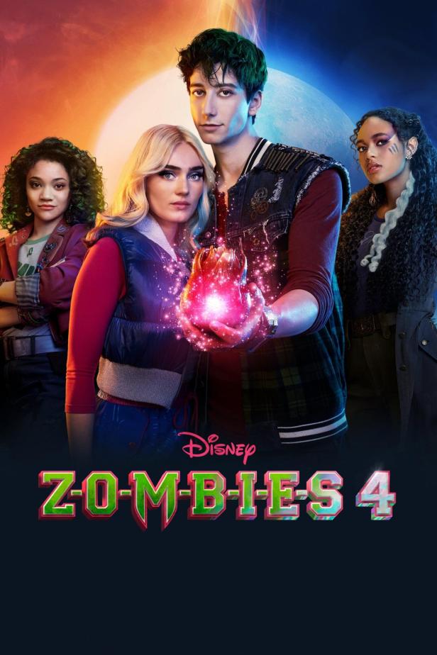 Das Filmplakat für „Zombies 4“ zeigt vier Jugendliche vor einem Mond und bunten Lichtern.