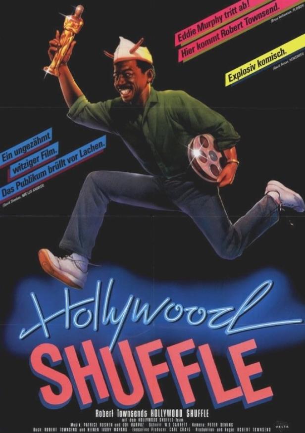 Ein Mann mit einem Oscar und einer Filmrolle rennt auf dem Filmplakat „Hollywood Shuffle“.