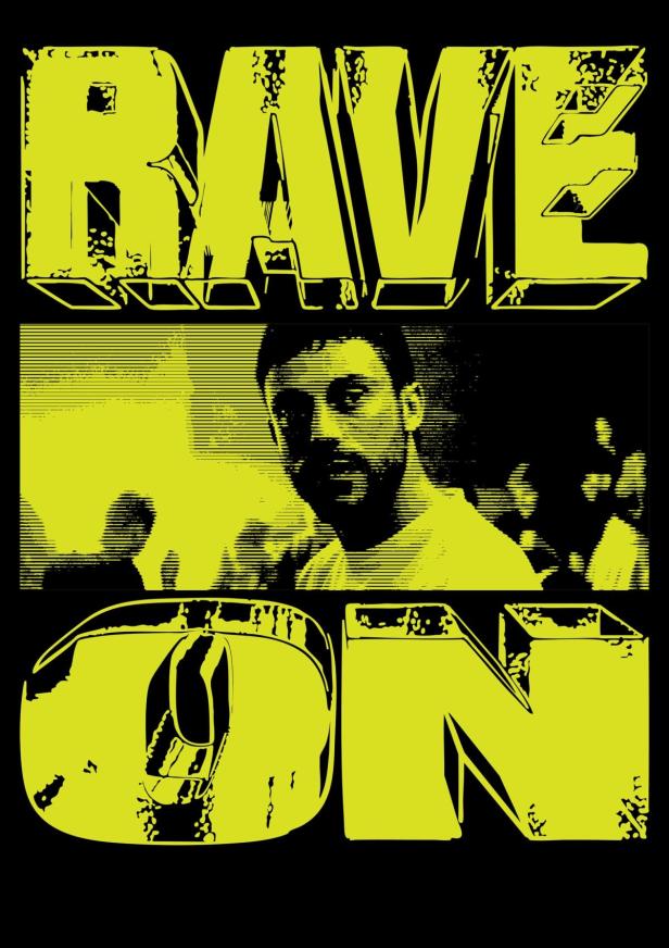 Gelbe Grafik mit dem Text „Rave On“ und einem stilisierten Porträt eines Mannes.