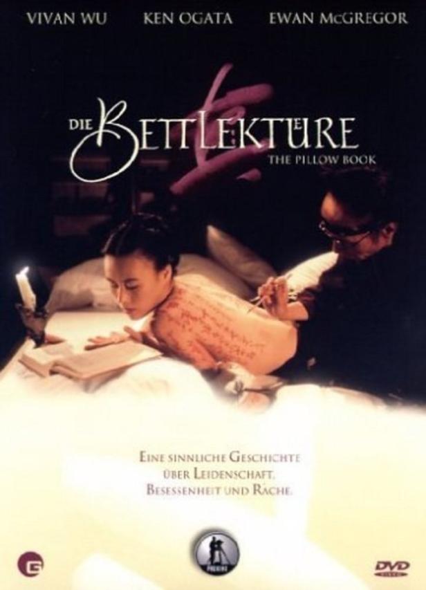 Das Filmplakat für „Die Bettlektüre – The Pillow Book“ zeigt eine Frau mit Schriftzeichen auf dem Rücken.