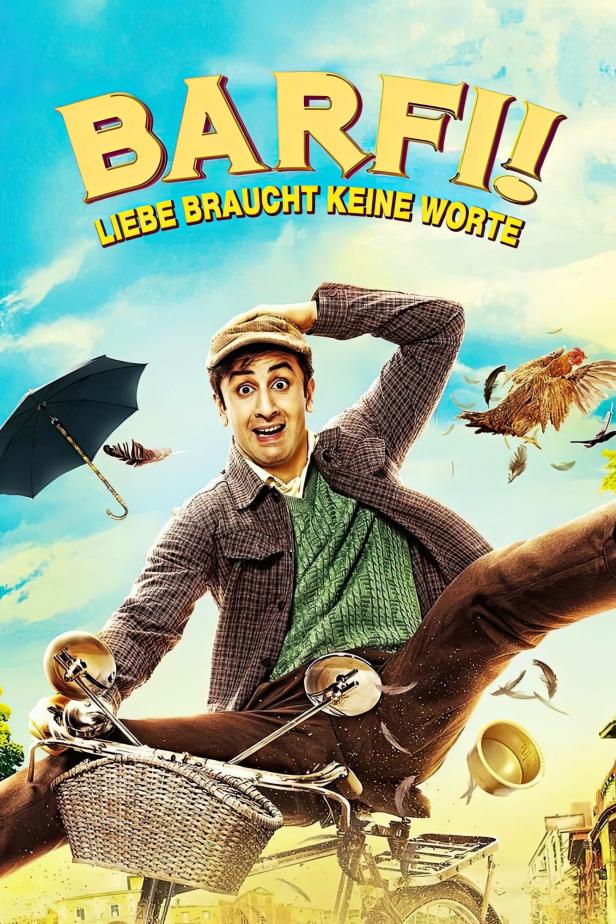 Ein Mann auf einem Fahrrad, umgeben von einer fallenden Feder, einem Regenschirm und einem Huhn, auf dem Filmplakat zu „Barfi! Liebe braucht keine Worte“.