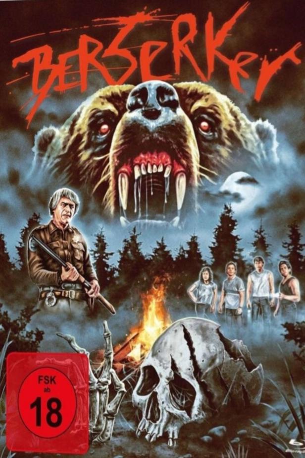 Das Cover des Horrorfilms „Berserker“ zeigt einen angsteinflößenden Bären über einer Gruppe von Teenagern.
