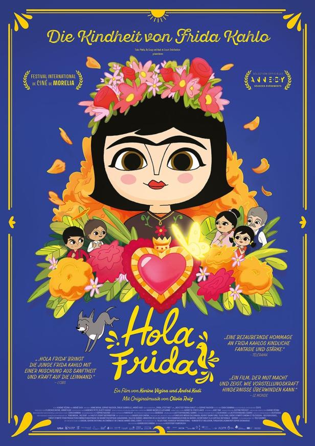 Das animierte Filmplakat zeigt „Die Kindheit von Frida Kahlo“ mit einer stilisierten jungen Frida und Blumen.
