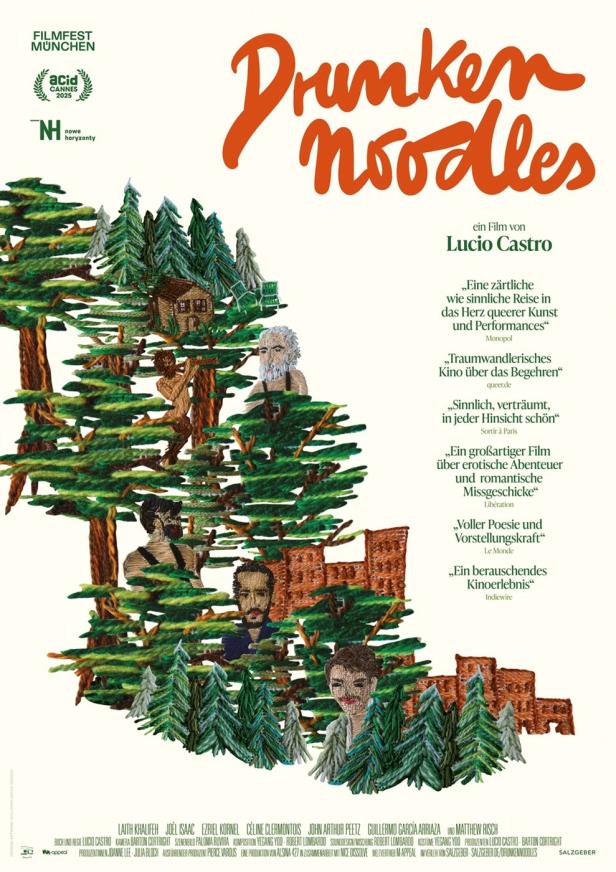 Das Filmplakat für „Drunken Noodles“ zeigt eine Collage aus Figuren und Zitaten vor Bäumen.