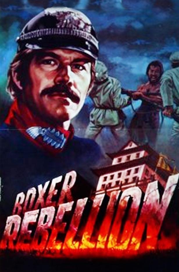 Das Filmplakat für „Boxer Rebellion“ zeigt einen Mann mit Schnurrbart und einen chinesischen Tempel.