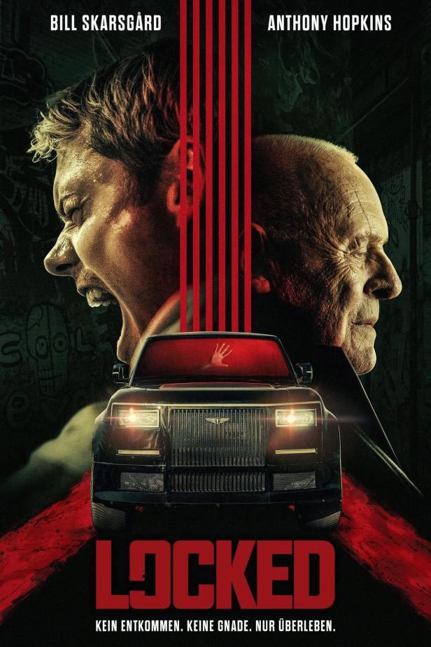 Das Filmplakat für „Locked“ zeigt Bill Skarsgård, Anthony Hopkins und ein Auto.