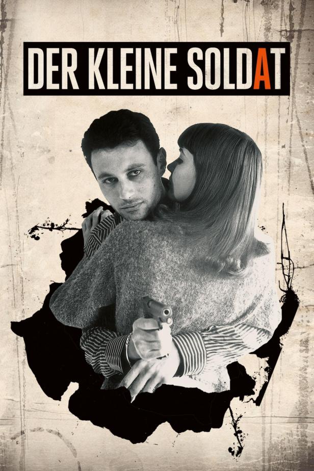 Das Filmplakat für „Der kleine Soldat“ zeigt einen Mann und eine Frau, wobei der Mann eine Pistole hält.