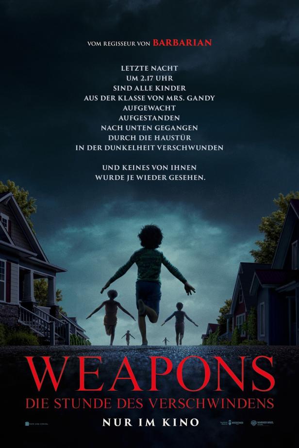 Das Filmplakat für „Weapons“ zeigt Kinder, die in einer dunklen Vorstadtsiedlung weglaufen.