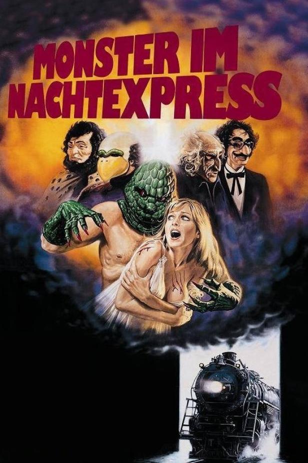 Das Filmplakat für „Monster im Nachtexpress“ zeigt eine Frau in Gefahr, umgeben von Monstern in einem Zug.