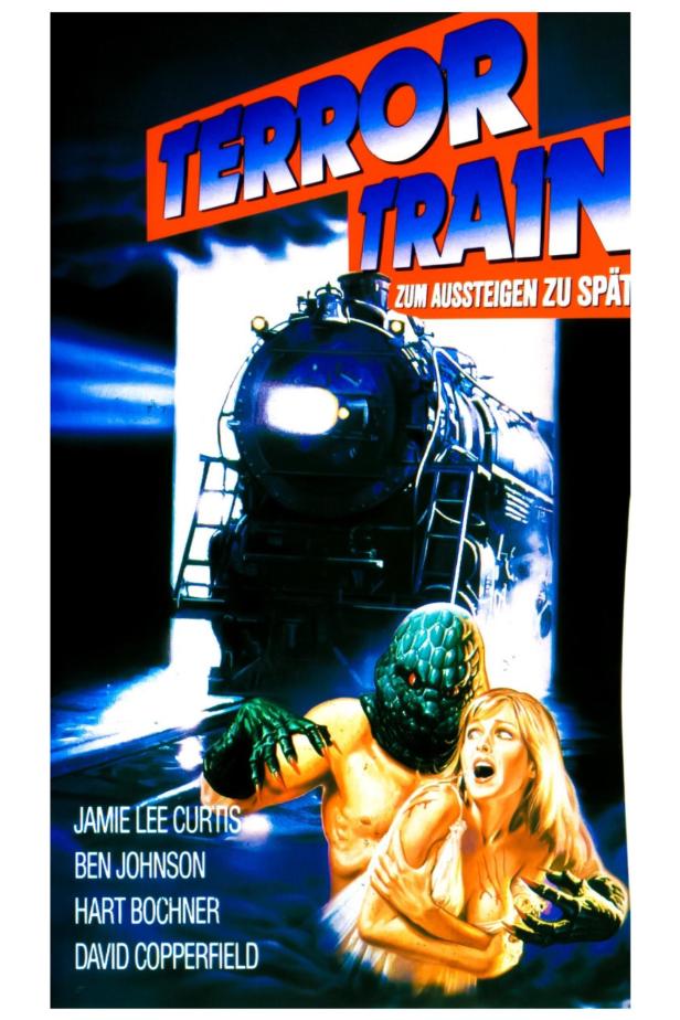 Das Filmplakat für „Terror Train“ zeigt Jamie Lee Curtis, einen Zug und einen Mann in einer Reptilienmaske.