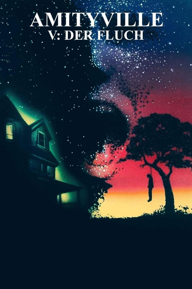 Das Filmplakat für „Amityville V: Der Fluch“ zeigt ein unheimliches Haus und einen erhängten Mann an einem Baum.