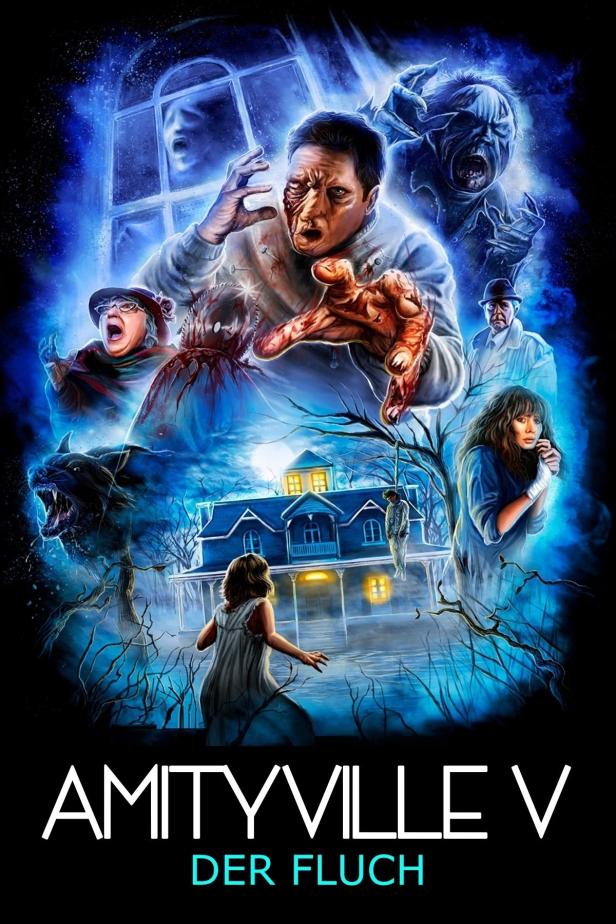 Das Filmplakat für „Amityville V: Der Fluch“ zeigt eine unheimliche Szene vor einem Spukhaus.