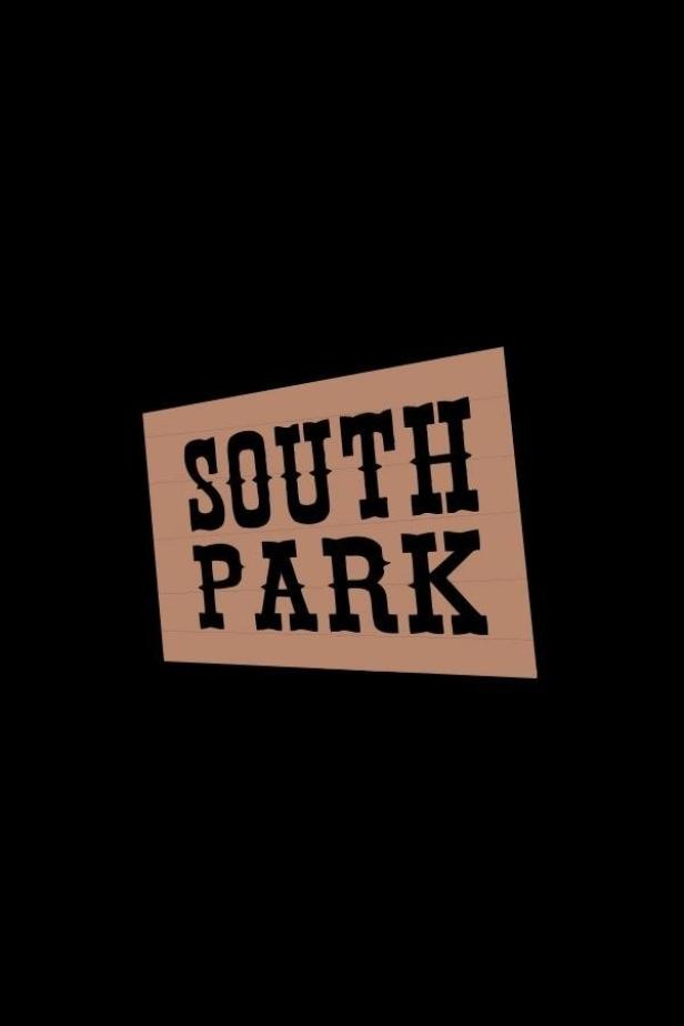 Das „South Park“-Logo auf einem Holzschild vor schwarzem Hintergrund.
