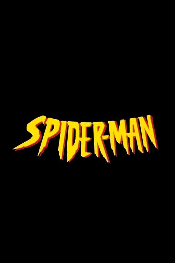 Das gelb-rote Logo von Spider-Man auf schwarzem Hintergrund.