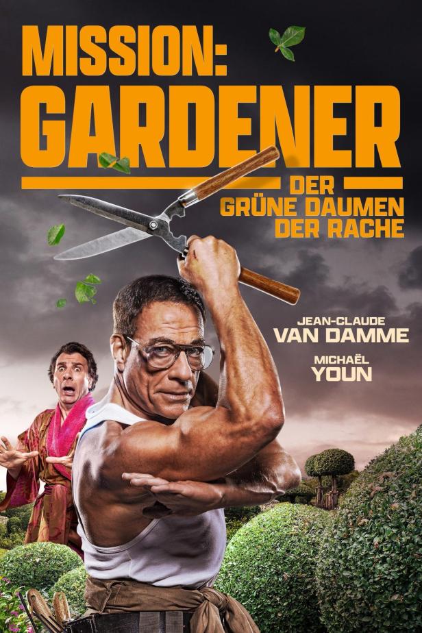 Das Filmplakat zu „Mission: Gardener“ zeigt Jean-Claude Van Damme mit einer Gartenschere.