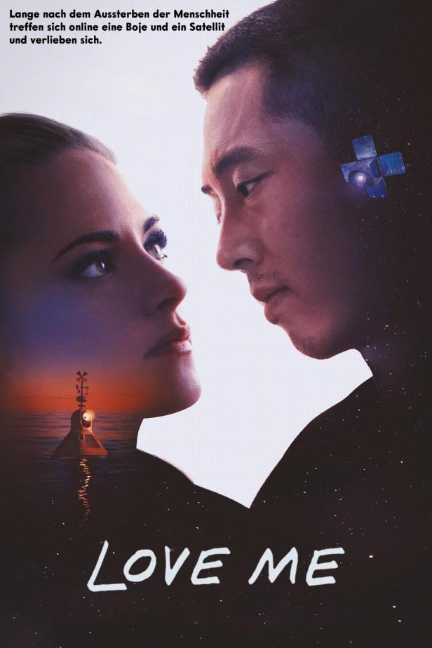 Das Filmplakat für „Love Me“ zeigt eine Boje und einen Satelliten, die sich online treffen und verlieben.