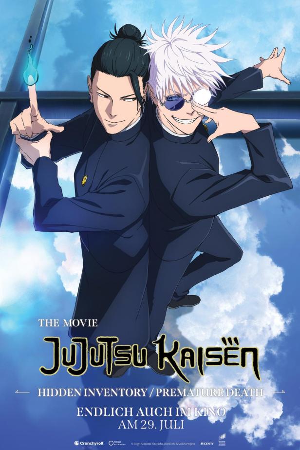 Das Filmplakat zu „Jujutsu Kaisen 0“ zeigt Gojo und Suguru vor einem Himmel.