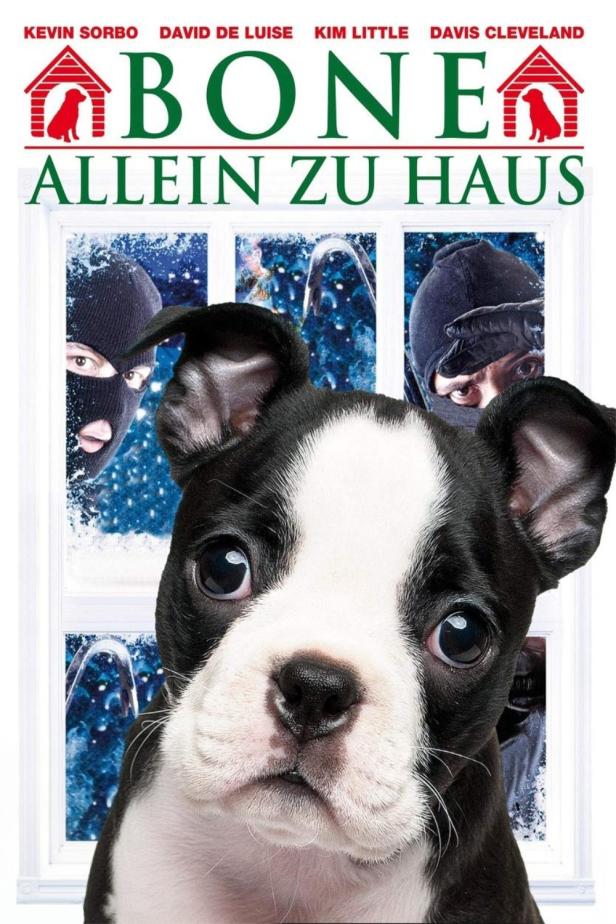 Das Filmplakat für „Bone Alone“ zeigt einen Hund vor einem Fenster, hinter dem Einbrecher zu sehen sind.
