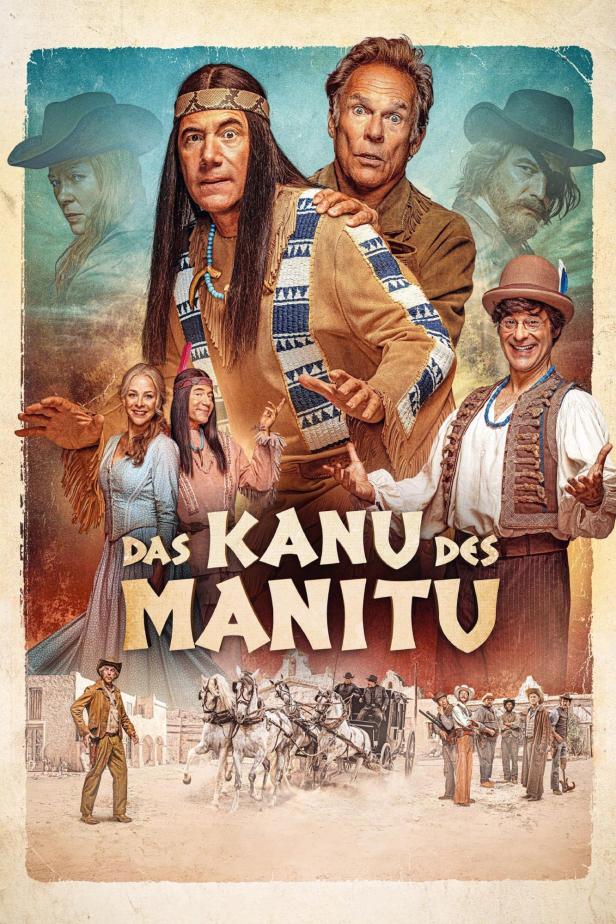 Das Filmplakat zu „Das Kanu des Manitu“ zeigt verschiedene Charaktere in Western-Kostümen.