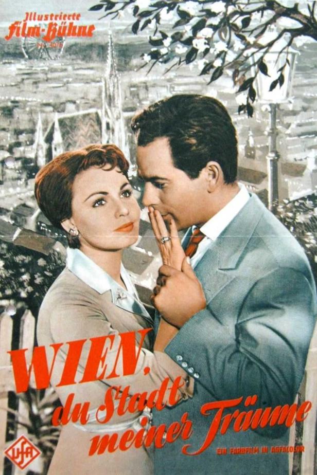 Ein Filmposter für „Wien, du Stadt meiner Träume“ mit einem Paar vor der Wiener Skyline.