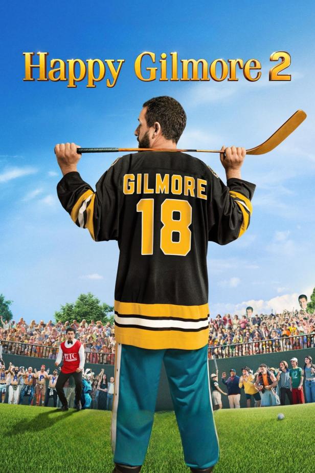 Das Filmplakat für „Happy Gilmore 2“ zeigt Adam Sandler mit einem Hockeyschläger vor einer jubelnden Menge.