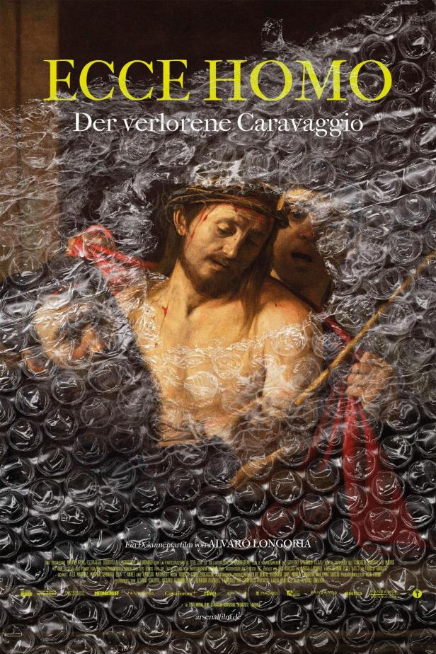 Das Filmplakat zu „Ecce Homo: Der verlorene Caravaggio“ zeigt ein Gemälde von Jesus mit Dornenkrone, verpackt in Luftpolsterfolie.