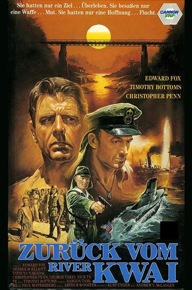 Das Filmplakat für „Zurück vom River Kwai“ zeigt Edward Fox, Timothy Bottoms und Christopher Penn.