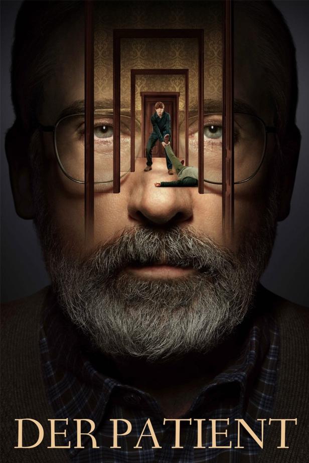 Das Filmplakat für „Der Patient“ zeigt einen Mann, der eine Leiche durch eine Reihe von Türen zieht.