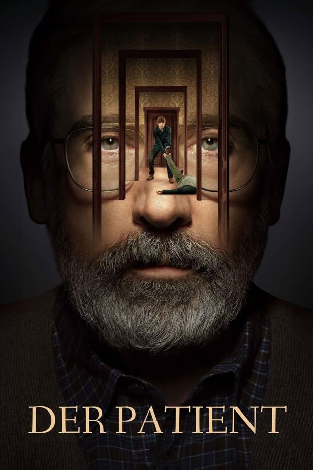 Das Poster für „Der Patient“ zeigt das Gesicht eines Mannes, in dessen Augen ein Mann eine andere Person durch eine Reihe von Türen zieht.