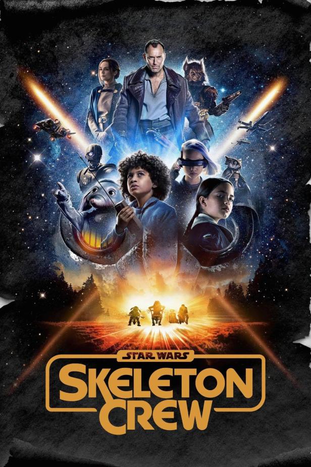 Das Poster für „Star Wars: Skeleton Crew“ zeigt eine Gruppe von Kindern und andere Charaktere vor einem Weltraumhintergrund.