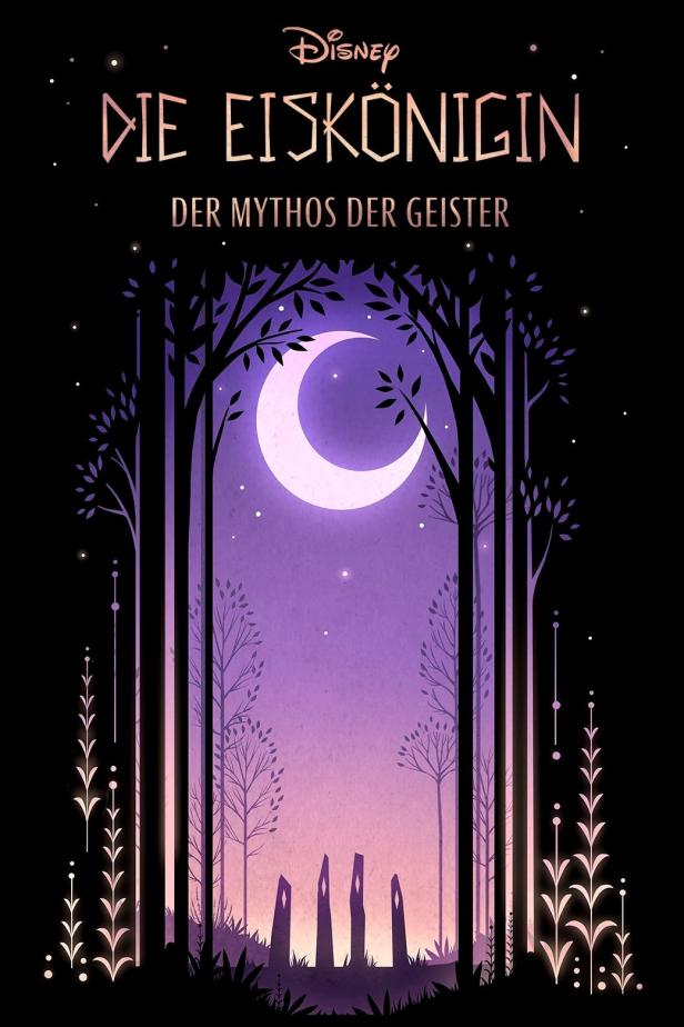 Das Cover von „Die Eiskönigin: Der Mythos der Geister“ zeigt einen Wald bei Nacht mit einem Halbmond.