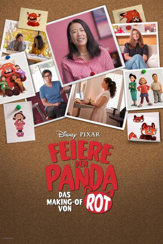 Ein Werbeplakat für „Feiere den Panda: Das Making-Of von Rot“ von Disney Pixar mit Fotos der Macher.