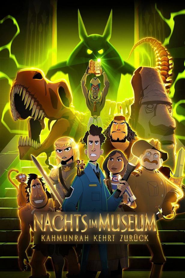 Das animierte Filmplakat für „Nachts im Museum: Kahmunrah kehrt zurück“ zeigt verschiedene Charaktere vor grünem Hintergrund.
