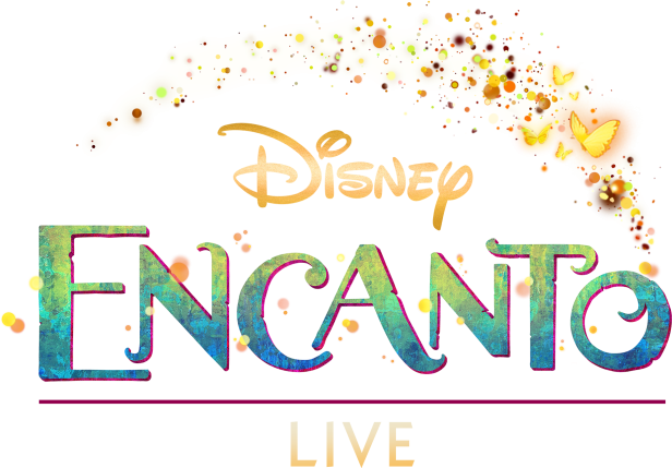 Das farbenfrohe Logo des Films „Encanto“ mit Schmetterlingen und magischen Elementen.