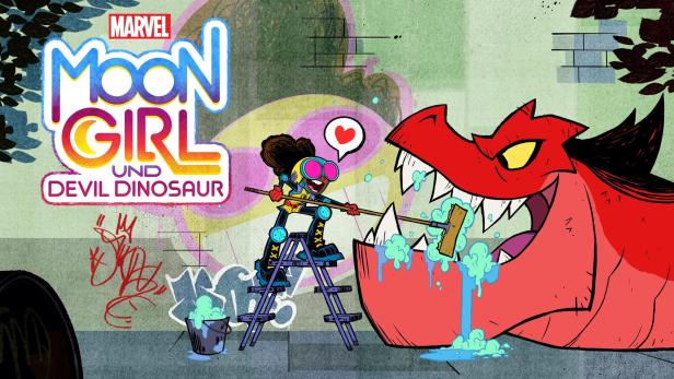 Moon Girl putzt mit einer Bürste die Zähne von Devil Dinosaur.